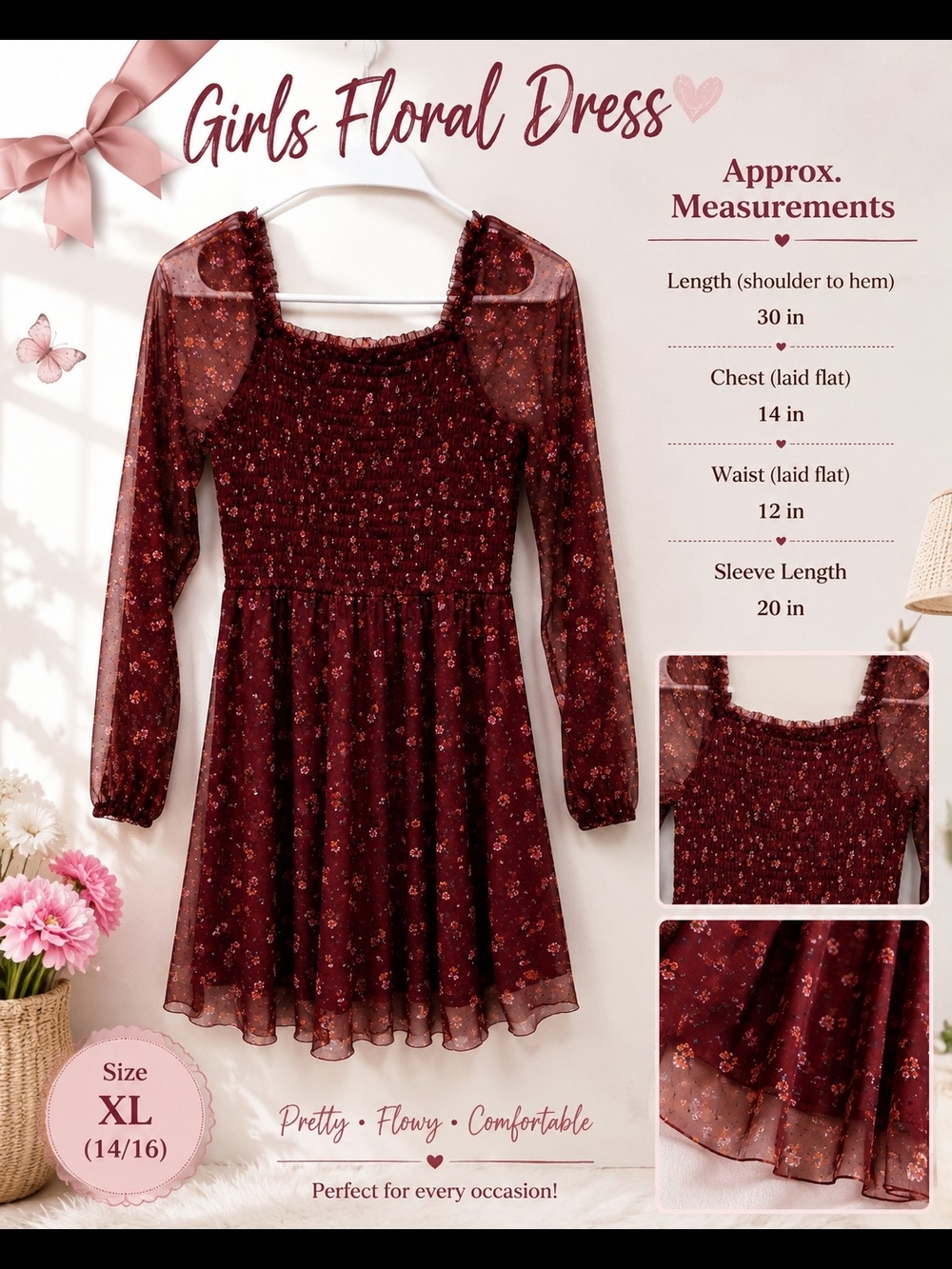 art class Burgundy Floral Smocked Chiffon Dress